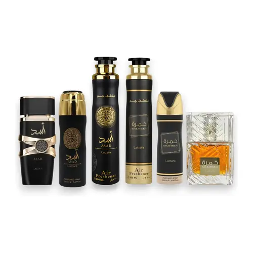 Lattafa Khamrah + Asad Unisex Fragrance Multi-Pack - Alcohol-Based Eau De Parfum, Air Freshener, Body Spray Bundle (100 ML-300 ML) with Sweet, Fresh Spicy & Amber Notes