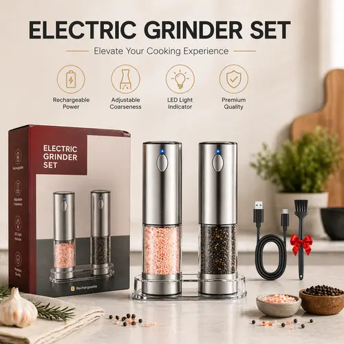 Stainless Steel Refillable Rechargeable Electric Salt and Pepper Grinder Set (Set of 2) - 1-Hand Operation, Adjustable Coarseness, LED Light, Modern Kitchen Utensil & BBQ Essential Seasoning Tool