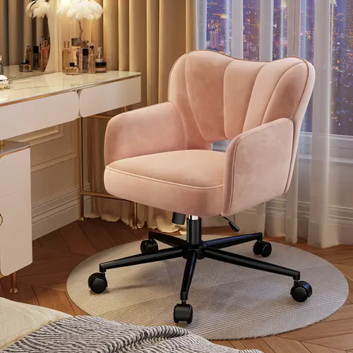 Raybee Soft Velvet Vanity Chair with Ergonomic Design, Modern Adjustable Height, Upholstered Home Furniture Office Makeup & Gaming Chair Sofa with Wheels & Side Pockets Gift Pink Comfy Desk Chairs
