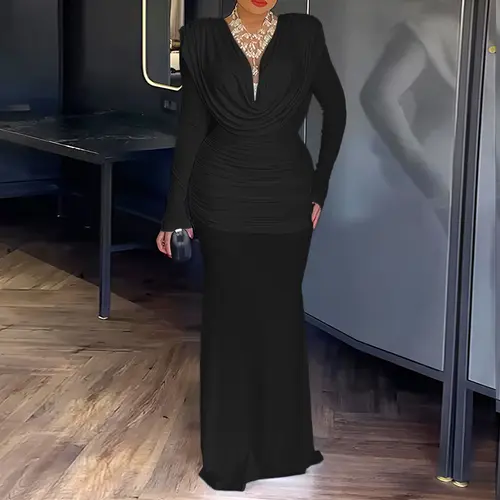CHICME Cowl Neck Ruched Maxi Dress  Padded Shoulders Cinched Waist Slim Fit Backless Evening Dress/Fabulous Dress