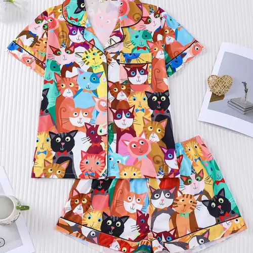 Women's 2-Piece Cute Cat Print Pajama Set, Short Sleeve Button Front Top & Elastic Shorts, Casual Summer Sleepwear