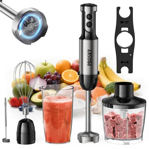 PRASKY 9-in-1 1000W High Speed Immersion Stick Blender - Blender Cup, Food Chopper, Ice Crusher, Egg Beater, Milk Frother, Bowl, BPA-Free Stainless Steel Blade, 20-Speed, Frozen Drinks, Back to School Haul