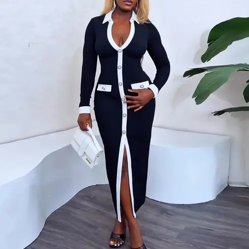 CHICME Pearls Button Decor Contrast Paneled Turn-down Collar Slit Front Dress Zipper Side Flap Detail Wedding Guest Slim Fit Wedding Work Dress