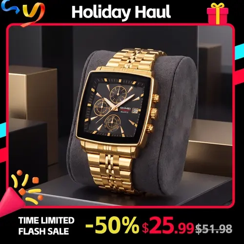 SKMEI Men's Square Quartz Watch - Multifunctional Stainless Steel Band Wristwatch with 3 Sub-Dials, Stopwatch, Date Window, Water Resistance, Modern Fashionable Business & Casual Timepiece for Daily Use & Gifting, Water Resistant Watch, Fashionable Waterp