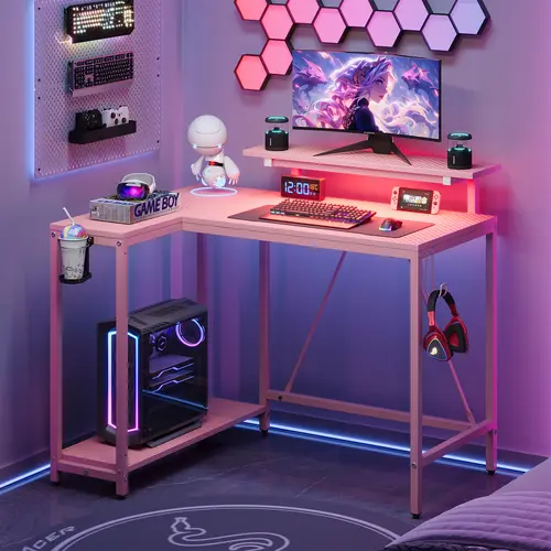 【DealsForYouDays】Pinmoco 42" Reversible L-Shaped Pink Gaming Desk, Desks for Gaming with Ergonomic Monitor Stand, RGB Lighting, Headset Hooks, Storage, Adjustable Height for Home Office, L Shaped Desks, Computer Laptop Desk