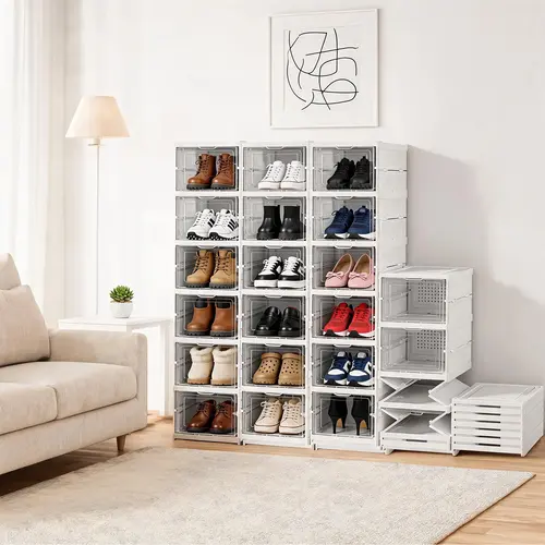 Folding shoe rack - 6 Layers transparent door shoe cabinet, Simple design, Large capacity, Sturdy and Stackable plastic Collapsible Shoe Boxes,No installation required, Convenient and Practical