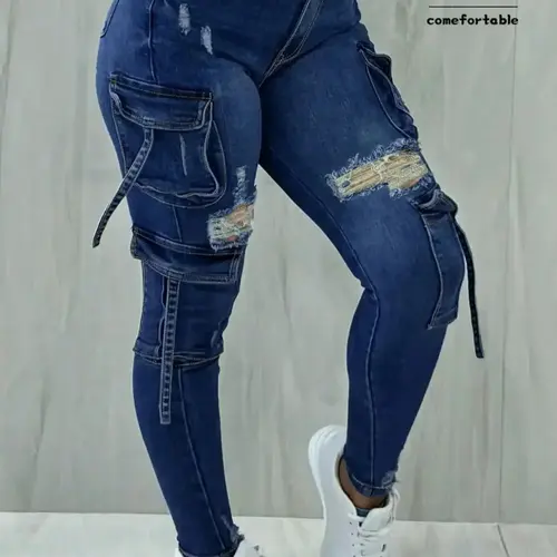Y2K women's street style Womenswear Streetwear multi-pocket cropped work Stretchy Slim Skinny Cargo Denim Jeans Pants with flap pockets for autumn and winter, perfect for Christmas fashion