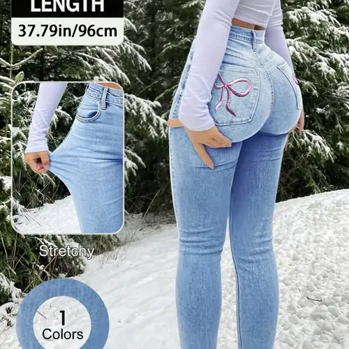Elegant Women's High Waist Slimming Jeans, Embroidered Bow Design, Elastic Skinny Fit, All Seasons Fashionable Denim Embroidery Jeans