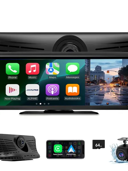 【Hieha】Wireless CarPlay Screen with 2K Dash Cam, 8.14" Portable Touchscreen Car Stereo with CarPlay & Android Auto, 1080P Backup Camera, Voice Control, Bluetooth, Mirror Link, GPS Navigation Car Video Player Car Monitor