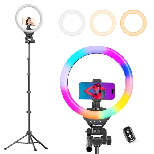 UBeesize 12'' Colorful RGB Selfie Ring Light with 62'' Extendable Tripod Stand, Adjustable Selfie Stick, Bluetooth Remote, Cable, Handheld-Landscape Modes, Mobile Accessories for Content Creators (Smartphone, Camera, Webcam Compatible)