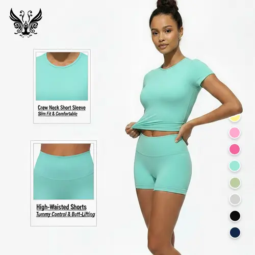 Yizhen Women's 2-Piece Bodycon Athleisure Wear Set - Round Neck Short-Sleeve Tee & Yoga Bottoms, 4-Way Stretch Soft Breathable Athletic Sports Clothing, Moisture-Absorbent Quick-Drying Workout Running Clothes for Yoga, Gym