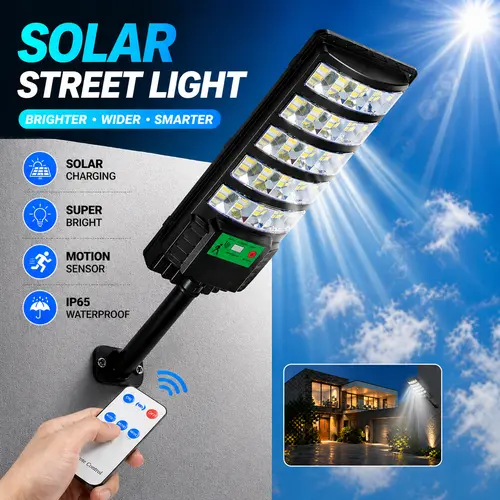Upgraded Solar Street Light Outdoor 5730 SMD LED 120LM/W Super Bright Monocrystalline Panel LiFePO4 Battery IP65 Waterproof for Yard Garden Street Garage with Remote Control & Motion Sensor