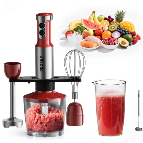 PRASKY Electric Immersion Blender, 500 to 999 W Motor, 20 Adjustable Speeds, Turbo Boost, US Plug, 800ml Plastic-Metal Mixing Beaker, 600ml Chopper Bowl, 4-Leaf Blades, Whisk Attachment, Milk Frother - Durable Multifunctional Kitchen Food Processor, 6-In-