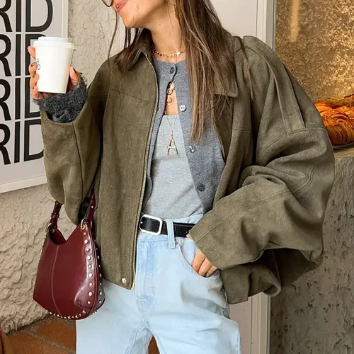 Yimoon Women's Faux Suede Jacket -2026 Spring/Autumn Vintage Solid-Color Collared Zip-Up Long-Sleeve, Loose Batwing Sleeve with Epaulets Bomber Warm Outerwear, Basic Top
