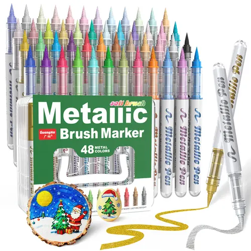 GuangNa Metallic Acrylic Paint Brush Tip Pens (12/24/36/48 Color Options) - Unique Pens, Colorful Marker Set, Journaling Supplies, Coloring Tool for Rock Painting, Office Stationery