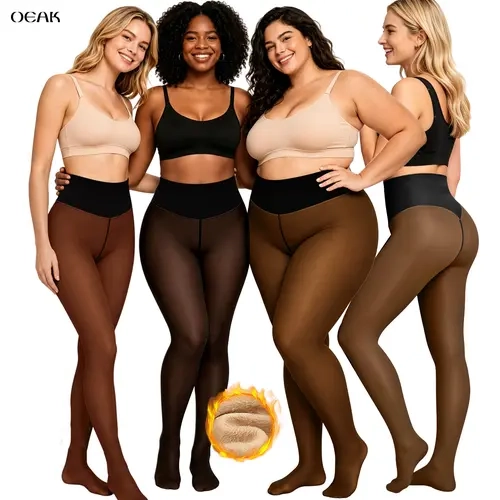 OEAK Womens Translucent Fleece Lined Tights Tummy Control High Waisted Pantyhose Body Slimming Leggings Plus Size Thermal Warm Thick Opaque Tights