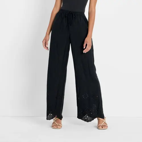 Future Collective Women's High-Rise Wide Leg Embellished Eyelet Pull-On Pants Black Viscose Casual Drawstring Elastic Waistband Side Pockets