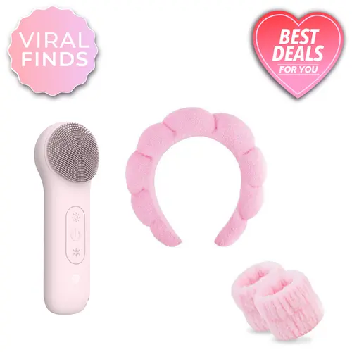 RIKI Radiant & Bubble Headband Bundles - Glow Up, Hair Up - Ultimate Skincare Duo with Dual-Sided Silicone Cleansing Device & Stylish Bubble Headband for Prepping Skin & Securing Style