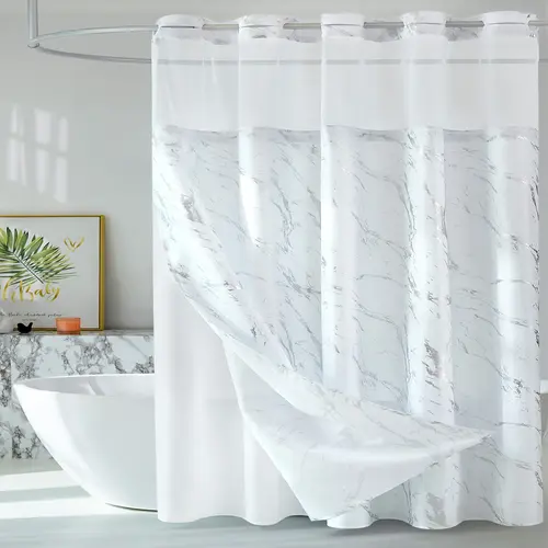 Glossy Marble Print Hookless Shower Curtain, Shower Curtain No Hooks, Double-Layer Hook-Free with Snap-On Liner, Clear Top Window, Waterproof Easy-Clean Fabric, Hotel Style for Restroom & Bathtub, Decoration Accessories, Bathroom Shower Curtains