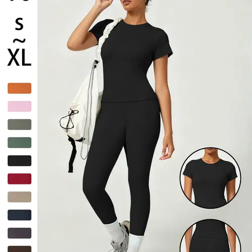 Women's Sporty Fitted Yoga Set, Soft Breathable Short Sleeve Top & Elastic Pants, Ideal for Fitness Running Outdoor Activities, Sporty Round Neck, Athleisure Wear Sets, Soft Stretch High Waist Activewear, Activewear Workout Set