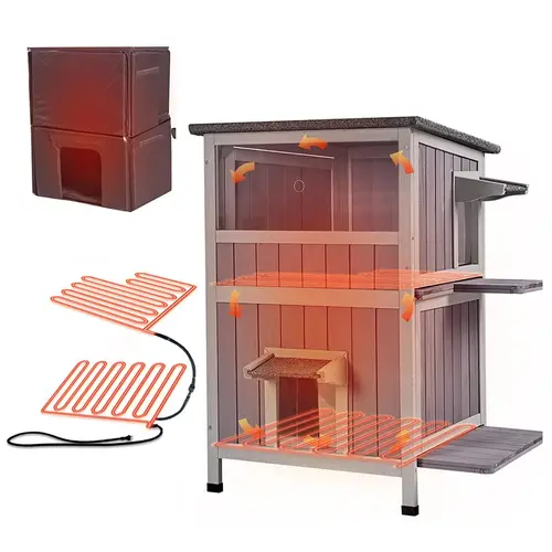 Aivituvin-AIR14-IN-HP Solid Heated Wooden Cat House with Insulated Liner, Heating Pad, Temperature Control, Raised-Leg Dry Base, Year-Round Warmth for Indoor & Outdoor Cat Rescue Use