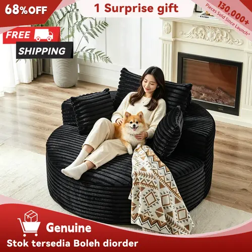 Niccae Fluffy Corduroy Cloud Recliner Single Seat Sofa - 55" Width Fully Assembled Premium Foam Tub Chair, Corduroy Feels Silky Soft, Foam Recovery, Hidden Pillow Cushions Neck-Rest Backrest, Storage, Chenille-Velvet Accent, Living Room Furniture