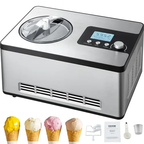 【Summerfinds】VEVOR Automatic Ice Cream Maker with Built-in Compressor, 2 Quart No Pre-freezing Fruit Yogurt Machine, Stainless Steel Electric Sorbet Maker, 3 Modes Gelato Maker with LCD Display & Timer, Silver