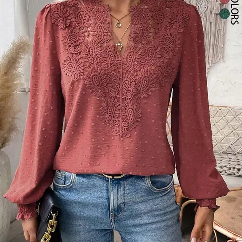 Women's Mixed Pattern Paisley Lace Swiss Dots Smocked Long Sleeve Casual Bishop Sleeve Blouse, Shirt, Top, Feminine Casual Boho Chic Blouse for All Seasons, Everyday, Plain Design, Womenswear