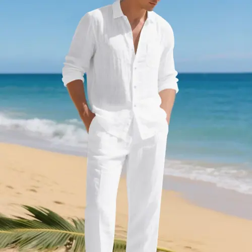Men's Linen Two-Piece Set, Classic Long Sleeve Button Shirt Top & Drawstring Pants, Breathable Fabric for Beach Vacation, Casual Outdoor Wear Clothes, Resort Wear Set
