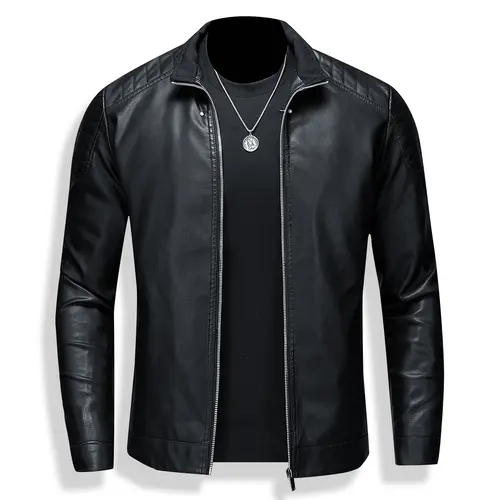 Men's Fashion Leather Casual Jacket - Menswear Tops, Long Sleeve Plain, Regular Fit, Functional Front Pockets, Urban Casual Outdoor Wear for Spring/Autumn