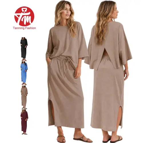 Tanming SpringFresh Women’s 2-Piece Cotton Set, Minimalist Basic Fitted Round Neck Back & Side Slit Top with Maxi Skirt, Pockets, Comfortable Lounge-Casual Outfit, Two Piece Sets Women