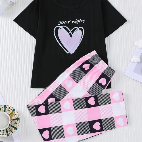 2 pieces of girls' hearts striped checkered printed round neck short sleeved pants pajama set with elastic waistband suitable for all seasons, comfortable and cute home wear Heart Pattern Sleepwear Pajama Clothes