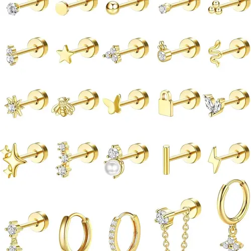 Hypoallergenic Earrings Set for Sensitive Ears, Earring Stacking Set, Stainless Steel Earrings for Women, Dainty Flat Back Studs & Hoops for Multiple Piercings, Earrings Jewelry