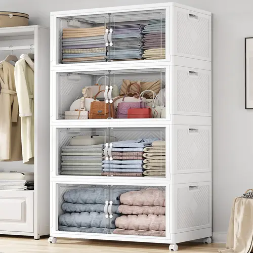 Broview V20 300QT/400QT/640QT Extra Large Stackable Storage Bins, Clear Plastic Closet Organizer Cabinet with Lid and Wheels, Collapsible Latch Boxes Folding Drawer with Door for Home Kitchen Room Organization