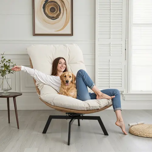 Walsunny Oversized Rattan Bowl Look Indoor-Outdoor Swinging Lounge Chair with High Resilience Foam Cushion, Modern Function, Strap-Off Wash & Thick Density Fabric - Beige for Porch Patio