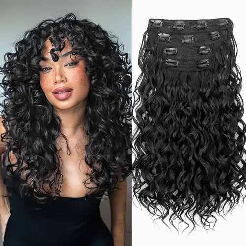 Women's Synthetic Curly Hair Clip-In Weft Extensions, 4Pcs 16in Soft Hair Lace Weft, Invisible High-Stretching Comfortable No-Damage for Ponytail Hairstyle, Ginger Copper Red, Curly Hair Extensions