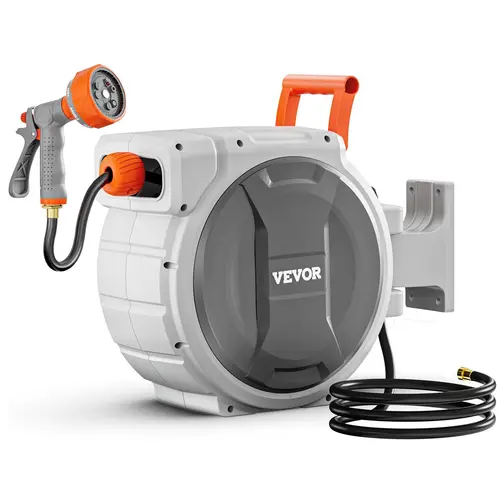 【DealsForYouDays】VEVOR Retractable Garden Hose Reel,  5/8 Inch x 100 ft Wall Mounted, Heavy Duty with 9-Pattern Nozzle, Adjustable Length Lock, Upgraded Slow Return System & 180° Swivel Bracket