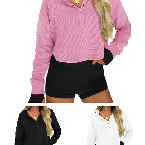 Fisoew Womens Cropped Sweatshirts Casual Henley Neck Snap Button Long Sleeve Ribbed Loose Fit Fall Crop Tops FallFreshness Outfit Womenswear costco finds this week plus size fashion marca de lujo tops tops for women long sleeve tops women women's tops