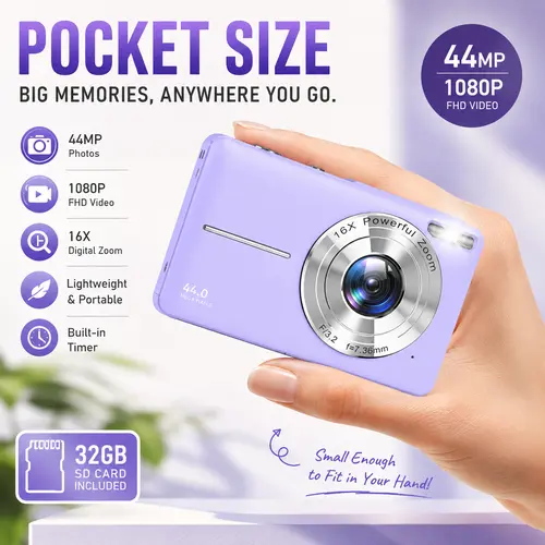 CAMKORY Portable Pocket Vlogging Digital Camera - 32GB Micro SD Card, Wrist Strap, Self-Timer, Anti-Shake, 16X Zoom, 1080P FHD, 44MP Point & Shoot for Daily Photography, Cool Mini Gadgets for Purse Digital Cameras, Teenage Boy Girl Gifts tiktokshopbacktos