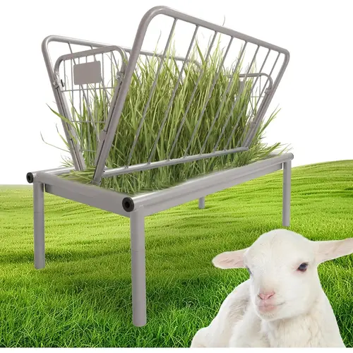 4 Ft Long Livestock Feeder, Heavy Duty Steel Livestock 2 in 1 Grain & Hay Feeder, Outdoor Pasture Feeder with Feeding Pan for Goats, Sheep and Ponies, Silvery-TK