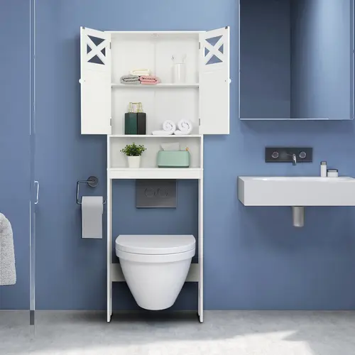 Karl Home FCH 2-Door Fork Toilet Floor Cabinet - White Waterproof MDF, Adjustable Shelf, Crystal Handles, Bathroom Cabinet Organizer, Tidy Access, Frees Wall Space, Easy Install for Bathroom Upgrade, Guards Toiletries
