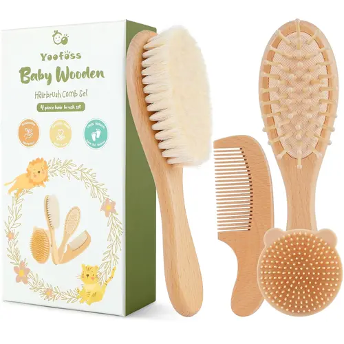 Yoofoss 4 Piece Baby Brush and Comb Set, Wooden Baby Brush with Natural Ultra Soft Goat Hair, Baby Hair Brush for Newborn, Baby Brush Set for Boy Girl, Baby Items, Newborn Baby Stuff
