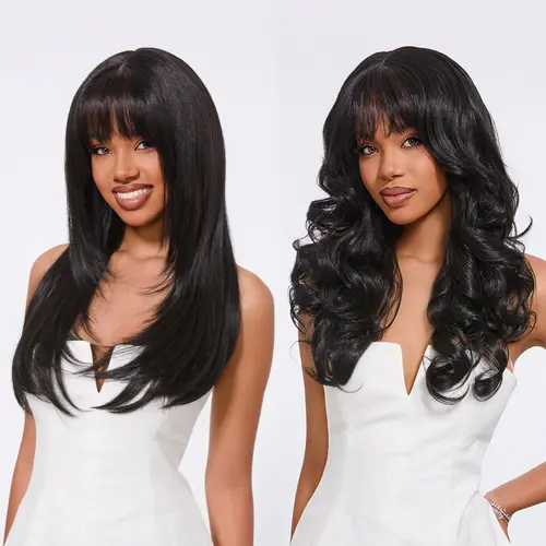Frodio Veralux™ Blend Human Hair Layered Wavy Wig with Curtain Bangs Pre-Cut Lace #summervibes#SohoChic