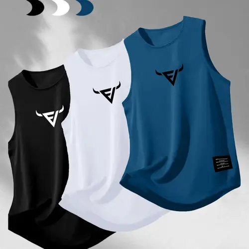 Men's Summer Casual Graphic Print Sleeveless Vest, Fitted Knit Fabric, Breathable, Moderate Thickness, Age 13-17, China Origin, Non-Sensitive Goods, Style: Casual, Sleeveless Muscle Shirt, Breathable Sleeveless Design