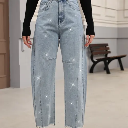 Elengatine FallFreshness Rhinestone Embellished High Waisted Wide Leg Denim Jeans for Women Trendy Y2K Style with Frayed Hem & Unique Sparkling Design Chic Casual Fit Fashionable Bottoms Womenswear Top