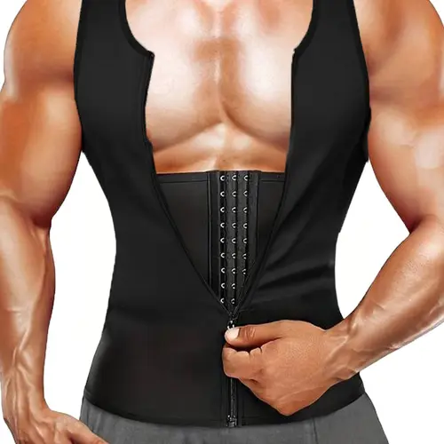 Men's Solid Zip-Front Waist Trainer, Adjustable Body Shaper Neoprene Vest, Neoprene Fitness Vest, Shaping Vest, Zipper Compression Vest for Workout, Gym and Exercise, Men's Sport & Outdoor Clothing