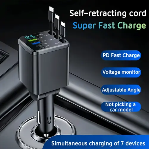 Nuokaiqi 7-in-1 Retractable Car Charger - 65W PD & QC3.0 Super Fast Charge, 120W Output, 70cm Self-Retracting Cables, Dual Ports, 180° Adjustable Angle, LCD Voltage Monitor, Portable Solution for Modern Smartphones, Tablets