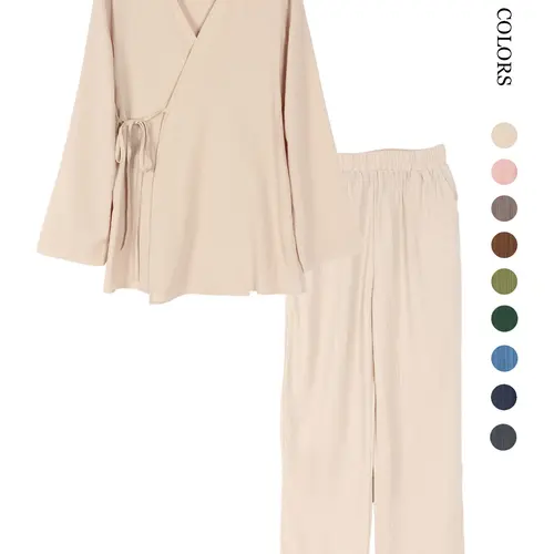 Women's Casual Basic Loose-Fitting Tie Front Top & Pants Set, Clothes, Outfit, Elegant Chic Everyday Daily Wear with Pockets, Comfortable Long Sleeve