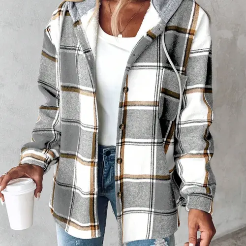 Plaid Hooded Fleece Shirt Jacket Coats, Hoodie Coat Loose-Fit Oversized Long Sleeve Woven Fabric Casual Spring & Fall Outerwear, Thick Comfortable Women's Clothing