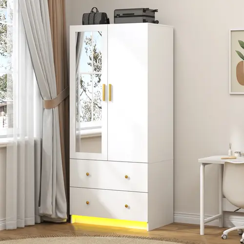 Modern 2/3Door Wardrobe with Mirror, 2 Drawers & RGB LED Lights, Hanging Rod Closet for Bedroom Storage,dorm essentials,home decor
